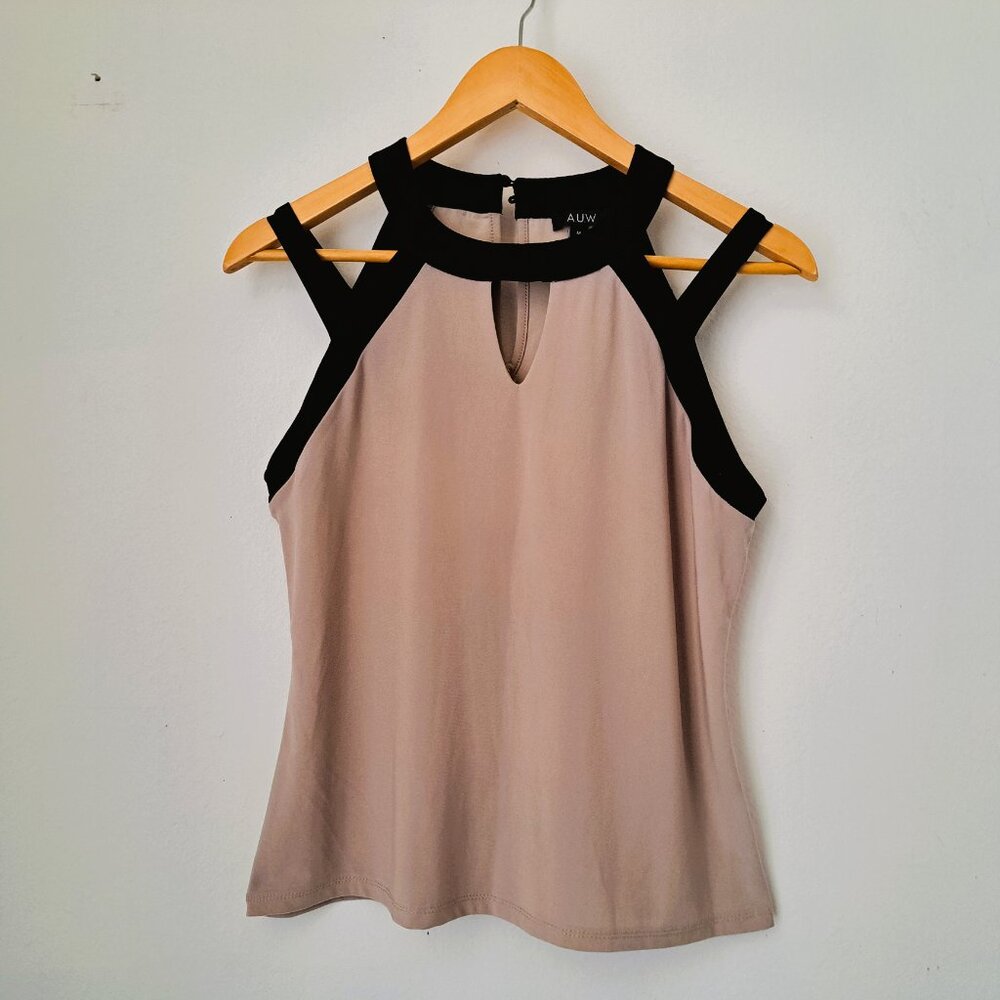 AUW Women Ribbed Top Sleeveless Choker Neckline Size M Cream/Black Color